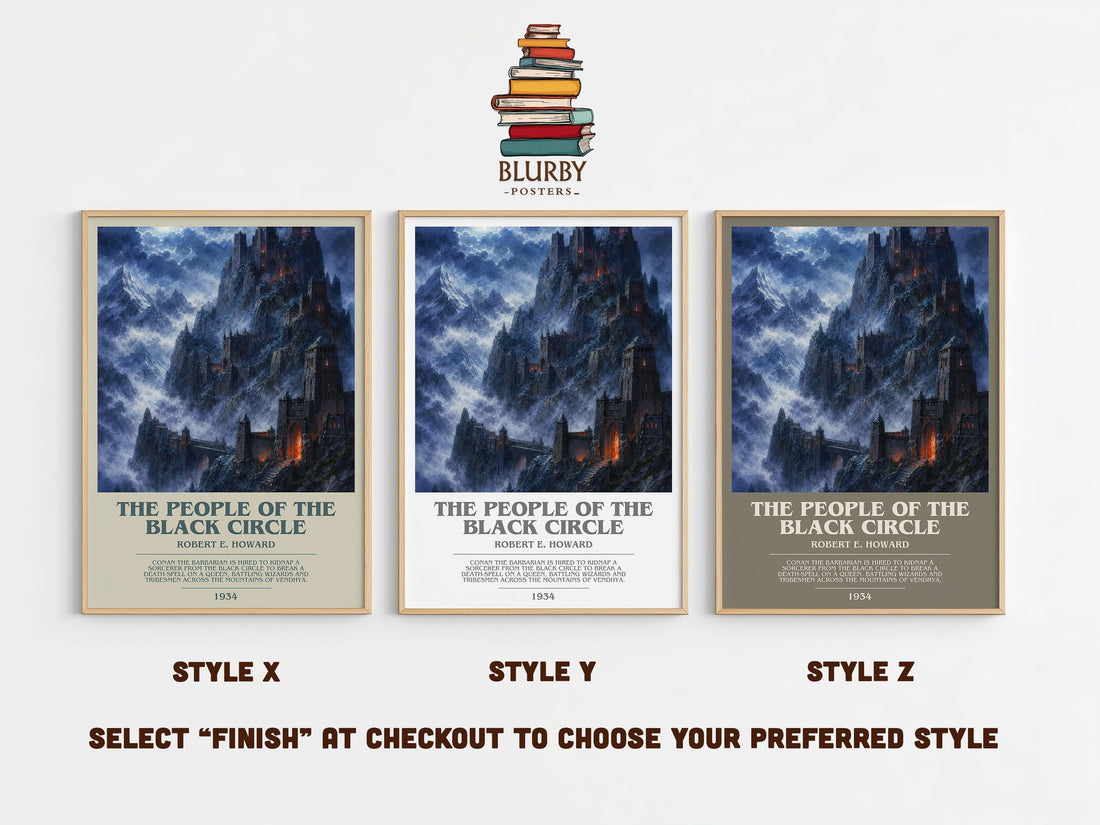 The People of the Black Circle bookish print in frame leaning in hallway – fantasy wall art (mockup)