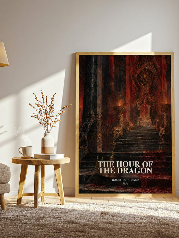 The Hour of the Dragon watercolour print in frame leaning in hallway – fantasy wall art