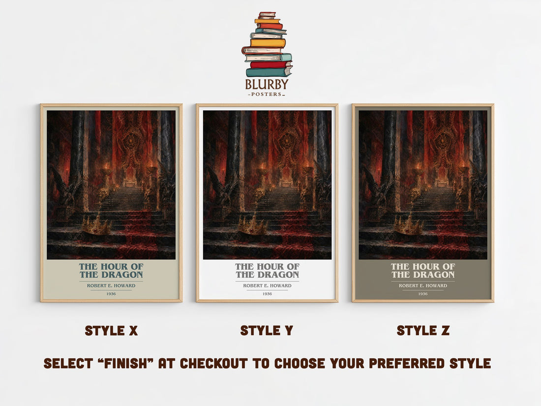 The Hour of the Dragon book cover print in frame leaning in hallway – fantasy wall art (mockup)