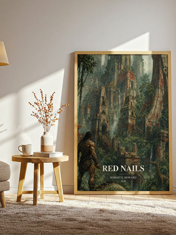 Red Nails watercolour print in frame leaning in hallway – fantasy wall art