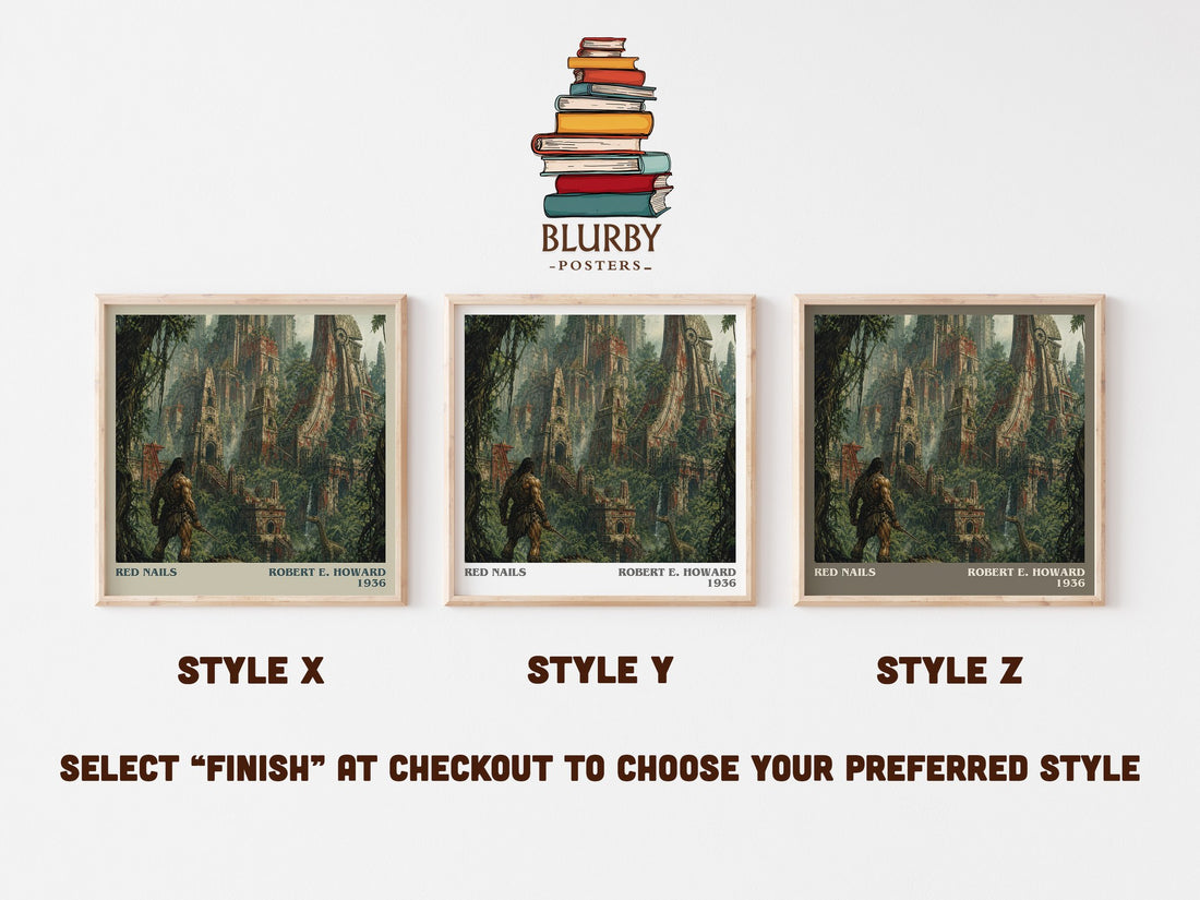 Red Nails literary print in frame leaning in hallway – fantasy wall art (mockup)