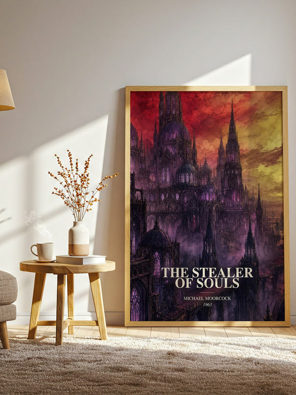 The Stealer of Souls watercolour print in frame leaning in hallway – fantasy wall art