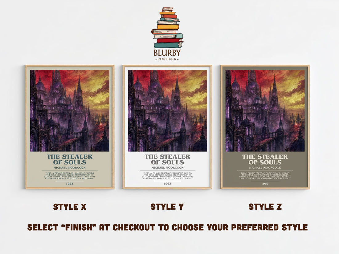 The Stealer of Souls bookish print in frame leaning in hallway – fantasy wall art (mockup)