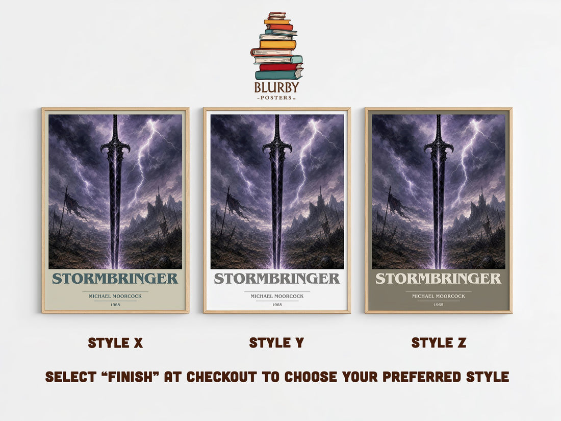 Stormbringer book cover print in frame leaning in hallway – fantasy wall art (mockup)