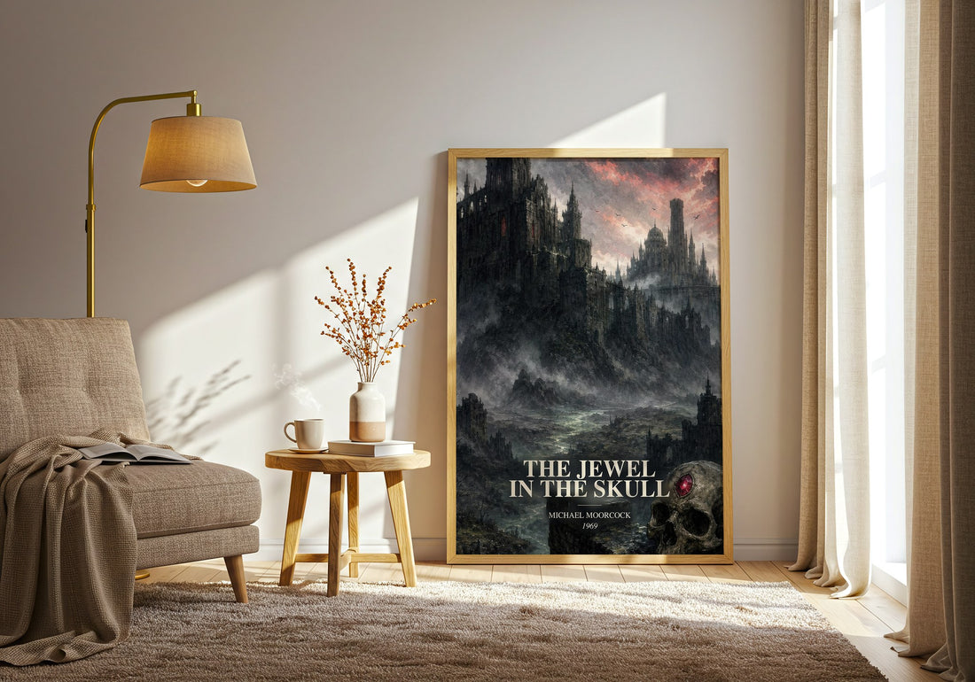 The Jewel in the Skull watercolour print in frame leaning in hallway – sci fi wall art (mockup)