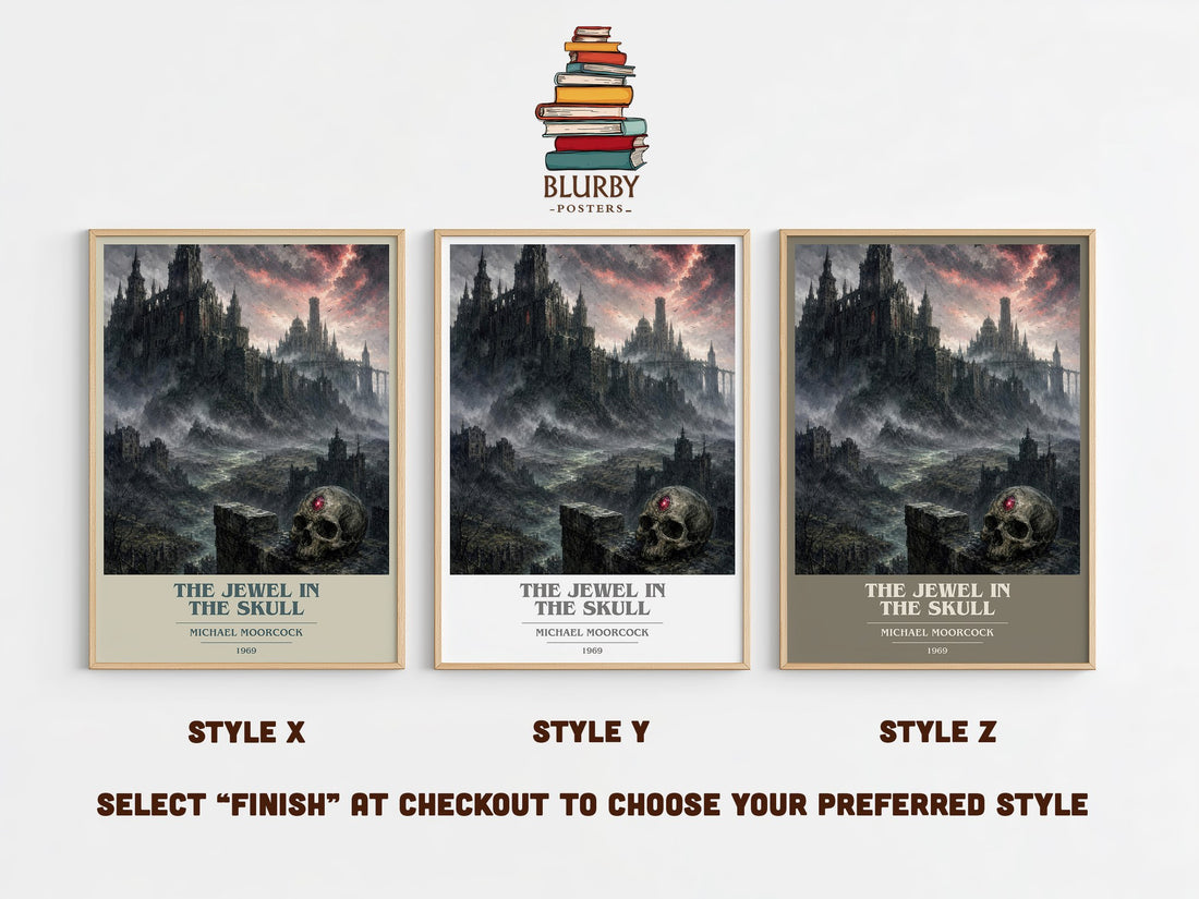 The Jewel in the Skull book cover print in frame leaning in hallway – sci fi wall art (mockup)
