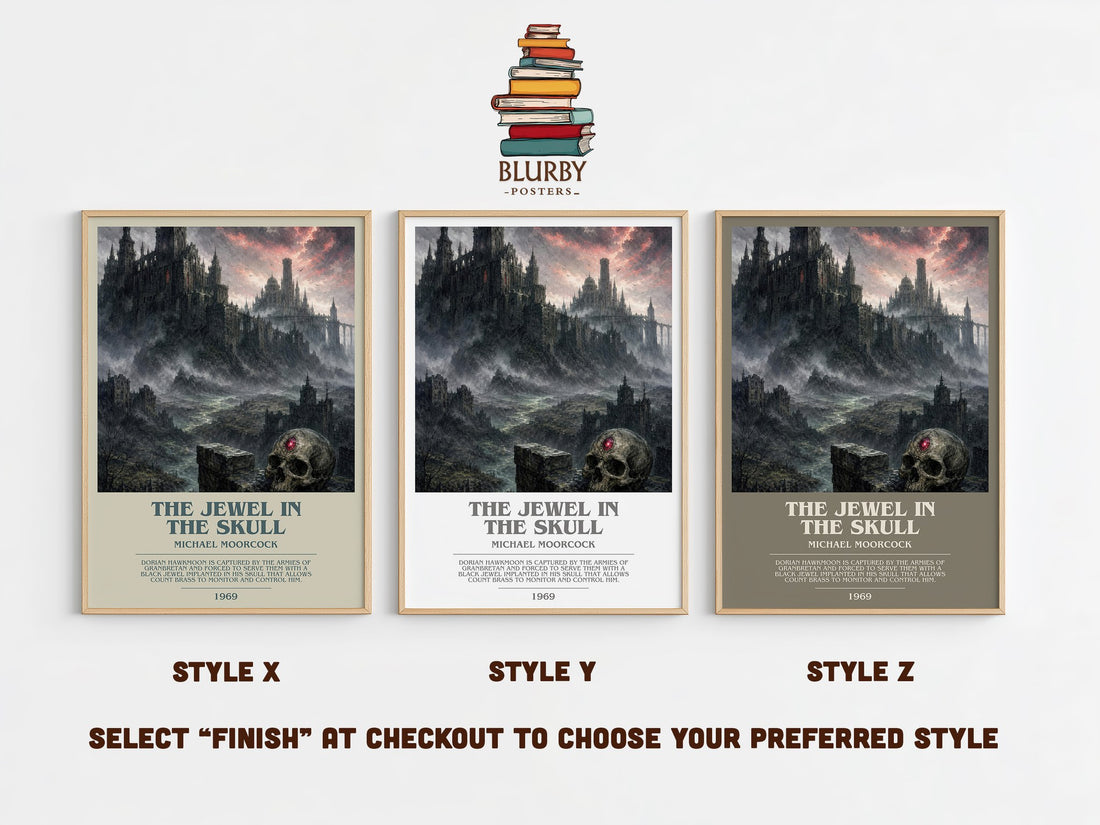 The Jewel in the Skull bookish print in frame leaning in hallway – sci fi wall art (mockup)
