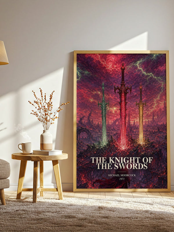 The Knight of the Swords watercolour print in frame leaning in hallway – fantasy wall art
