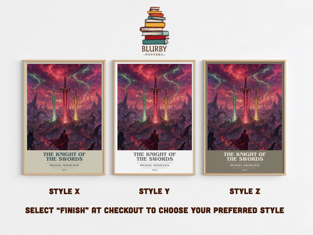 The Knight of the Swords book cover print in frame leaning in hallway – fantasy wall art (mockup)