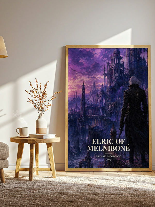 Elric of Melniboné watercolour print in frame leaning in hallway – fantasy wall art