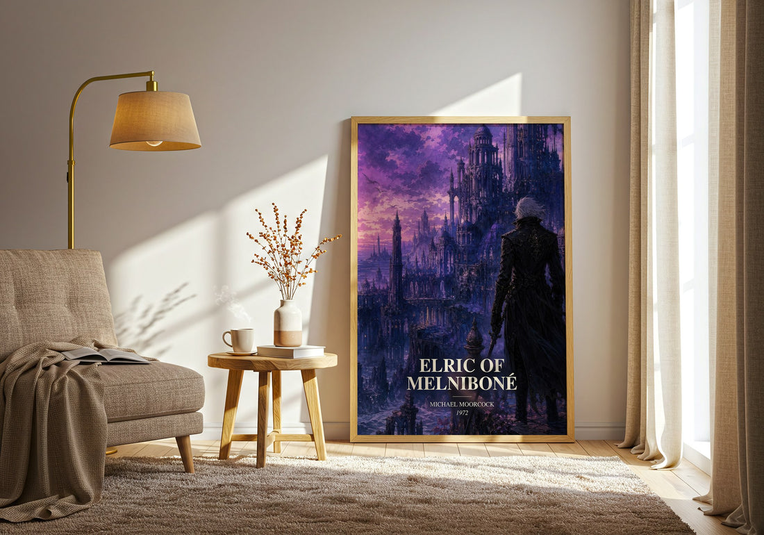 Elric of Melniboné watercolour print in frame leaning in hallway – fantasy wall art (mockup)