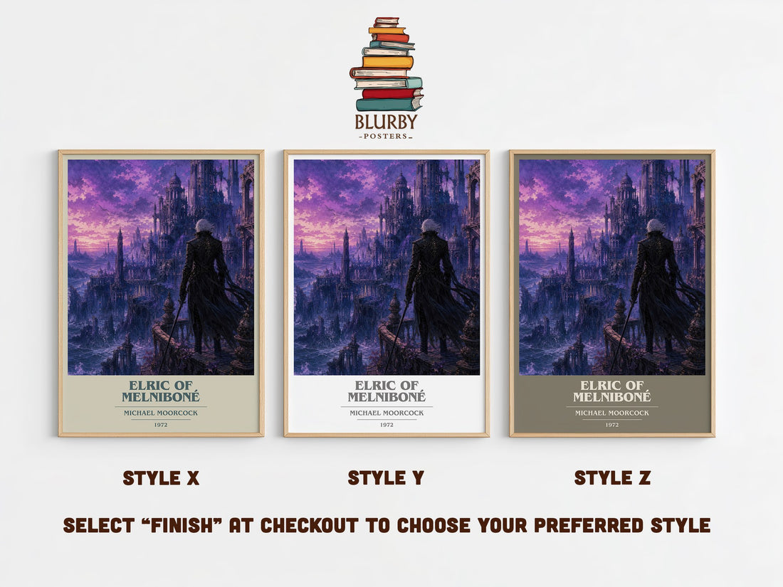 Elric of Melniboné book cover print in frame leaning in hallway – fantasy wall art (mockup)