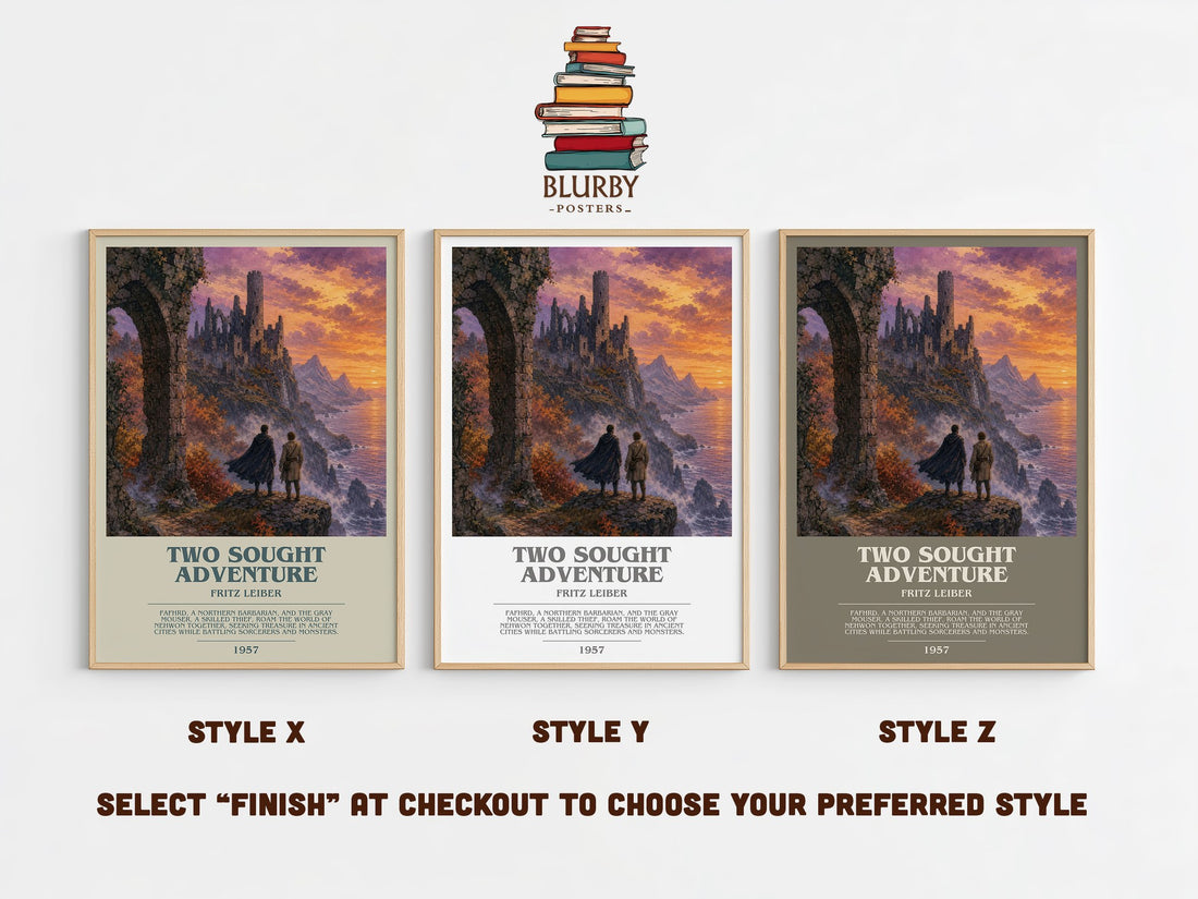 Two Sought Adventure bookish print in frame leaning in hallway – fantasy wall art (mockup)