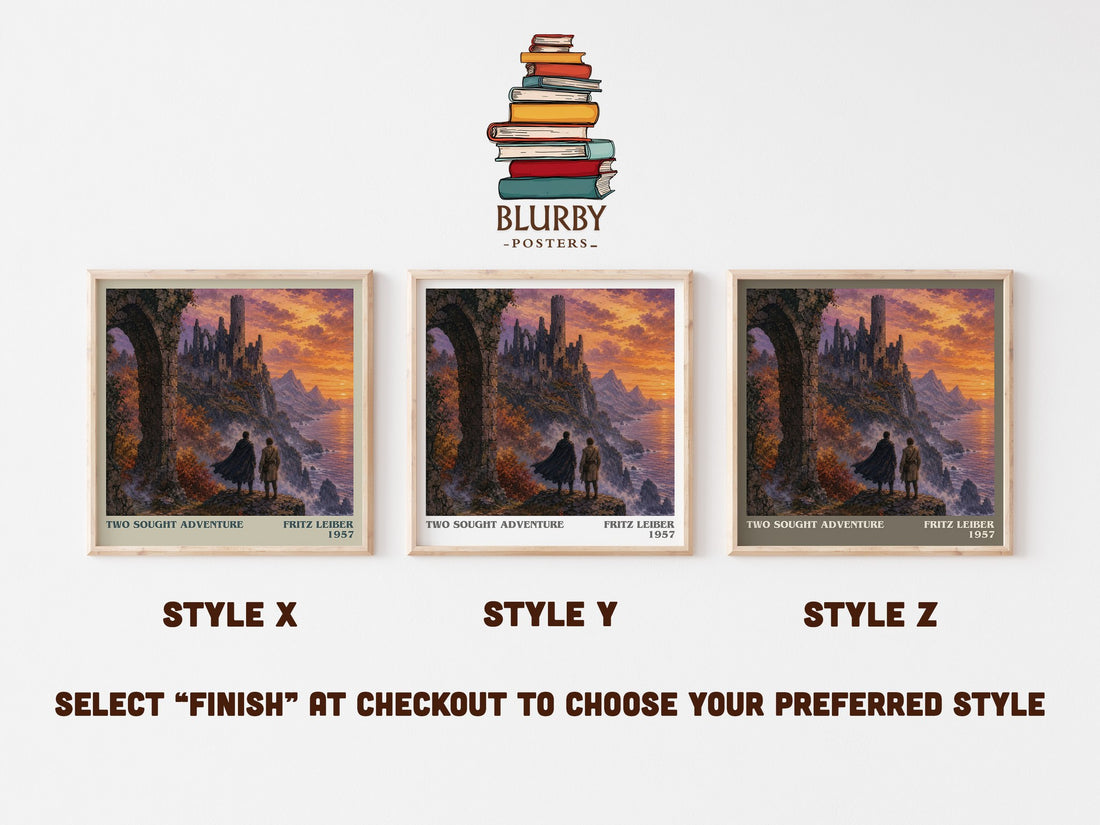 Two Sought Adventure literary print in frame leaning in hallway – fantasy wall art (mockup)