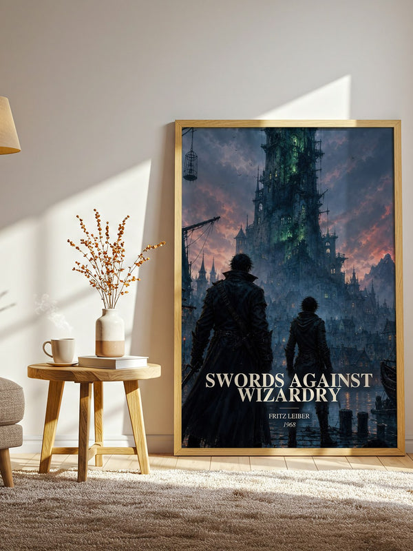 Swords Against Wizardry watercolour print in frame leaning in hallway – fantasy wall art