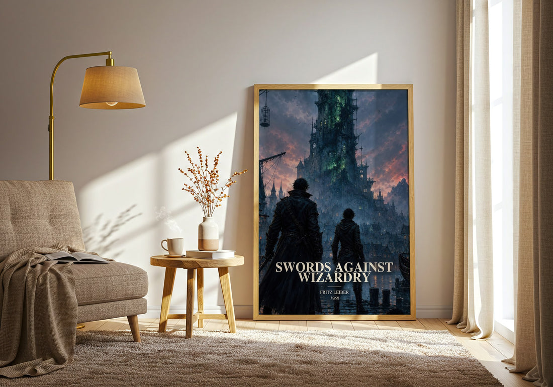 Swords Against Wizardry watercolour print in frame leaning in hallway – fantasy wall art (mockup)