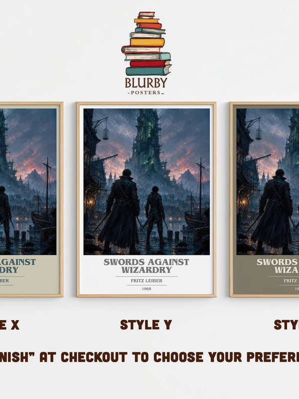 Swords Against Wizardry book cover print in frame leaning in hallway – fantasy wall art