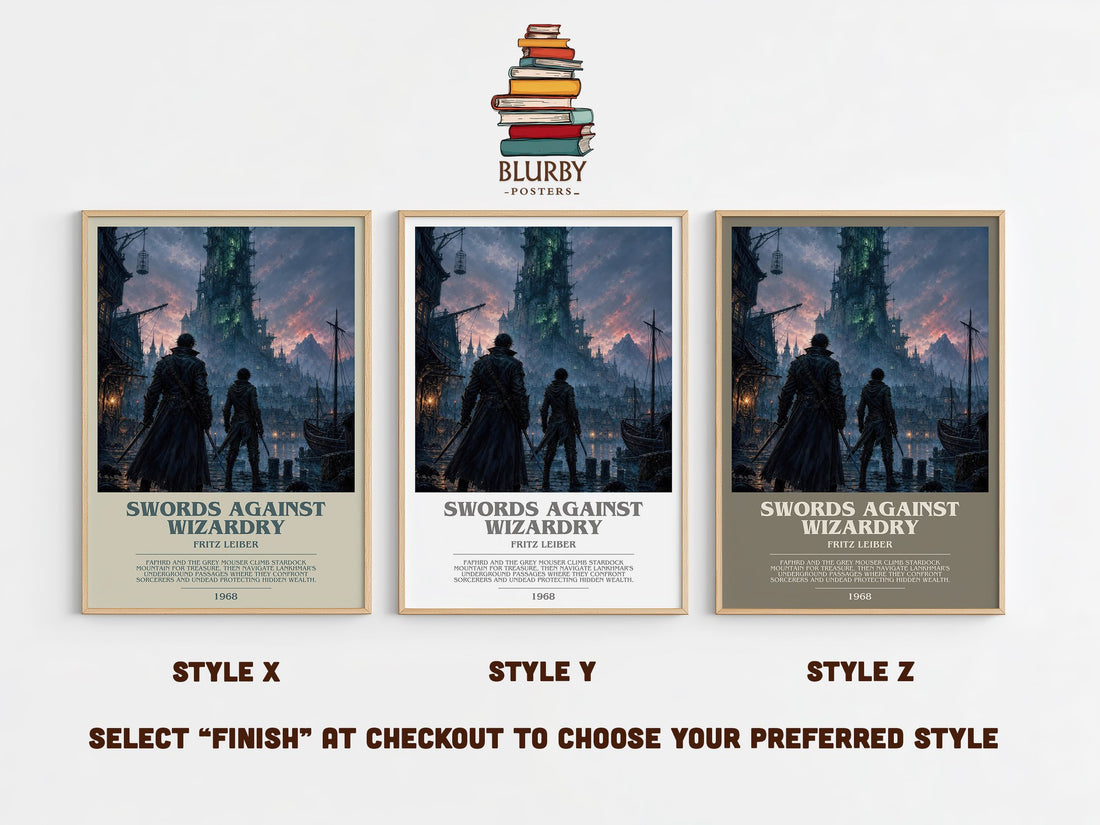 Swords Against Wizardry bookish print in frame leaning in hallway – fantasy wall art (mockup)