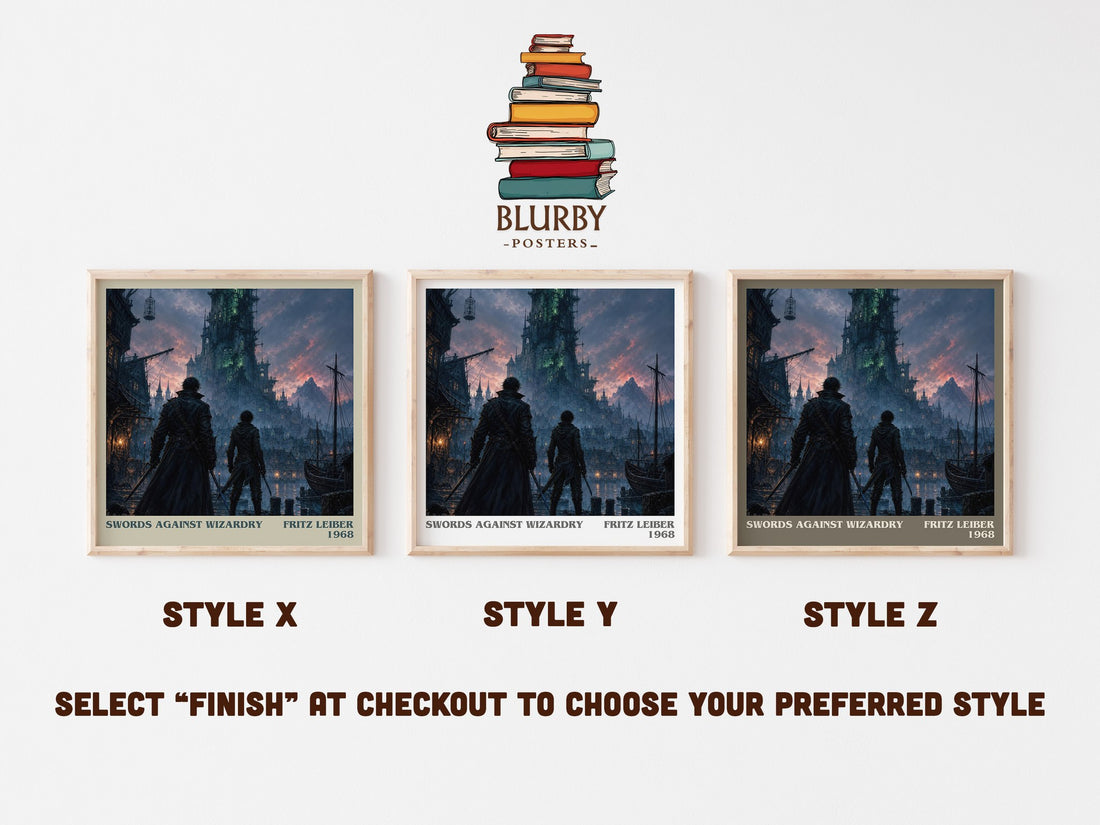 Swords Against Wizardry literary print in frame leaning in hallway – fantasy wall art (mockup)