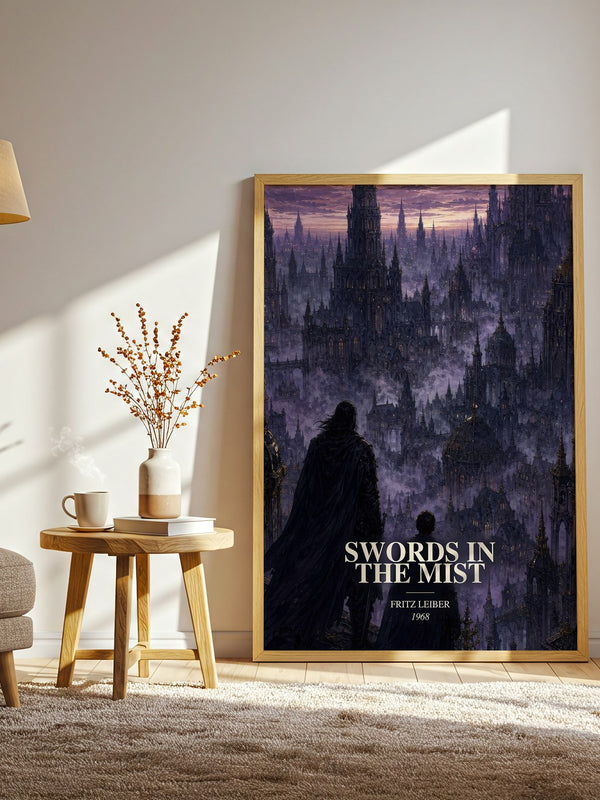 Swords in the Mist watercolour print in frame leaning in hallway – fantasy wall art
