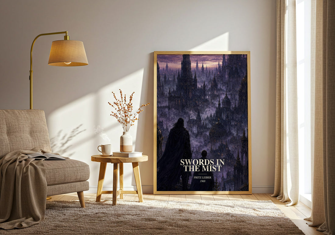 Swords in the Mist watercolour print in frame leaning in hallway – fantasy wall art (mockup)