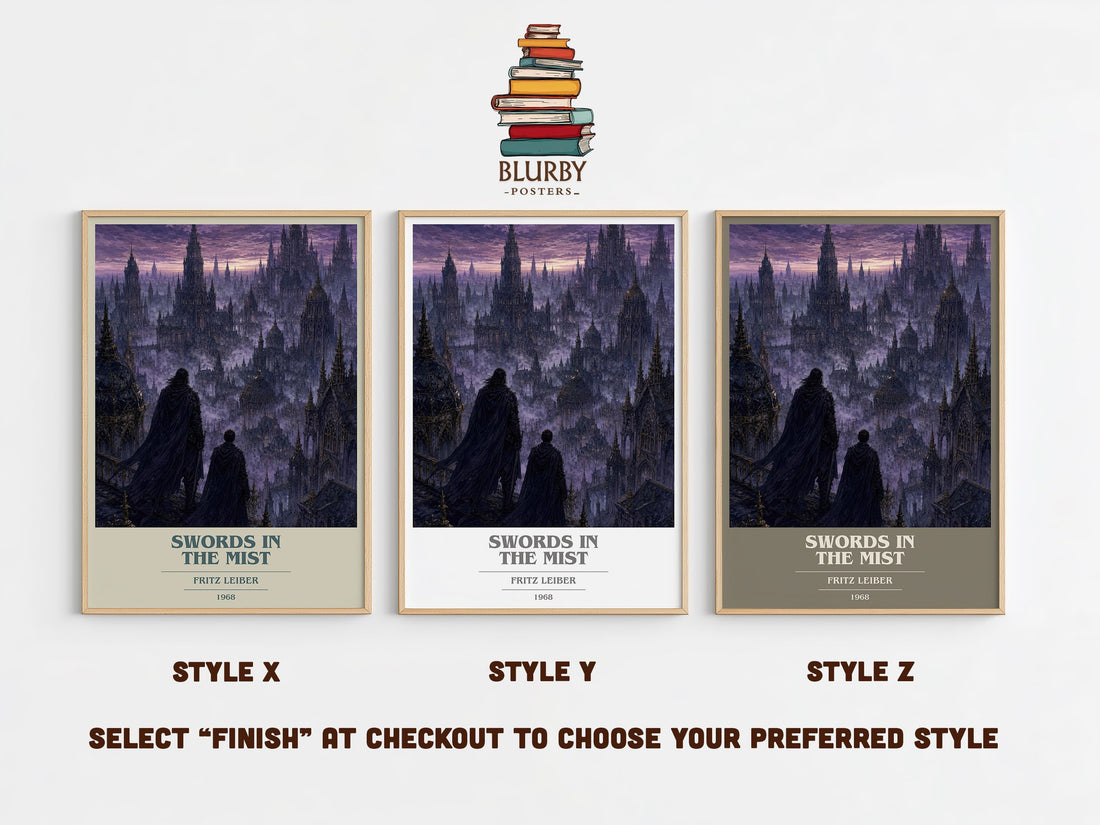 Swords in the Mist book cover print in frame leaning in hallway – fantasy wall art (mockup)
