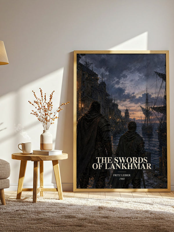 The Swords of Lankhmar watercolour print in frame leaning in hallway – fantasy wall art