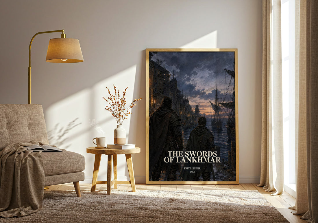 The Swords of Lankhmar watercolour print in frame leaning in hallway – fantasy wall art (mockup)