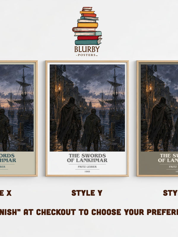 The Swords of Lankhmar book cover print in frame leaning in hallway – fantasy wall art