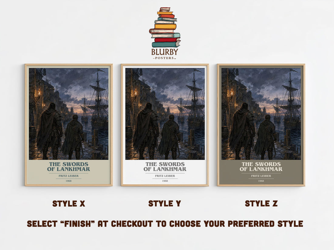 The Swords of Lankhmar book cover print in frame leaning in hallway – fantasy wall art (mockup)