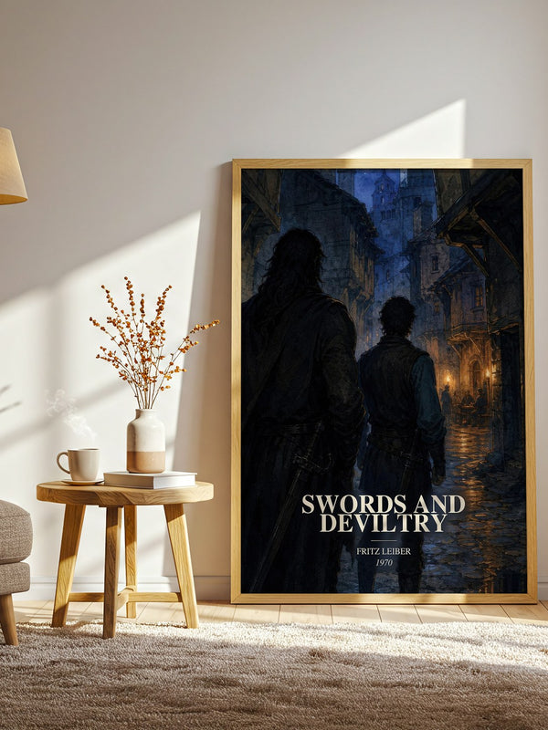 Swords and Deviltry watercolour print in frame leaning in hallway – fantasy wall art