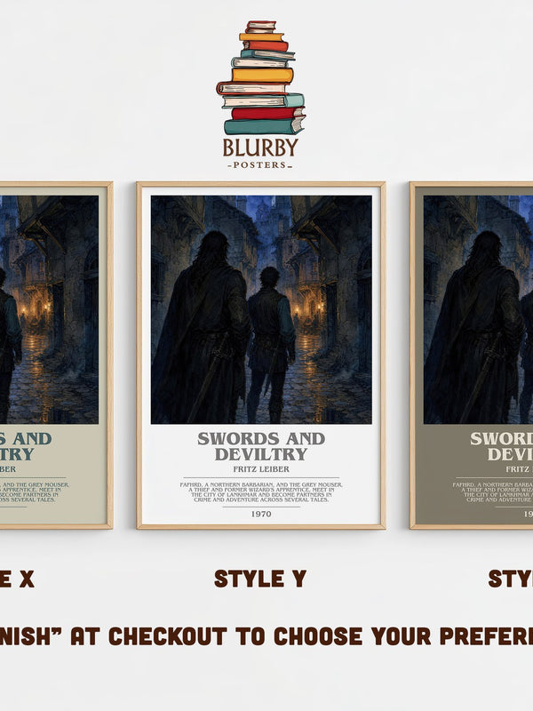 Swords and Deviltry bookish print in frame leaning in hallway – fantasy wall art