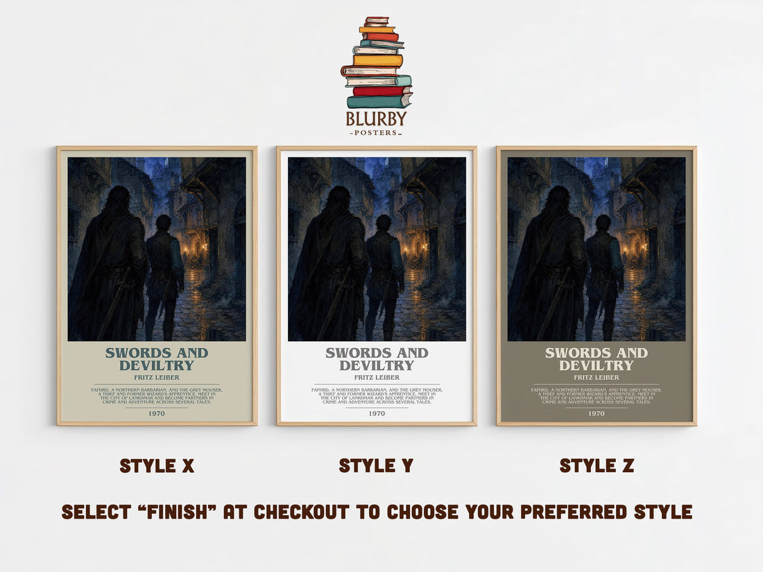 Swords and Deviltry bookish print in frame leaning in hallway – fantasy wall art (mockup)