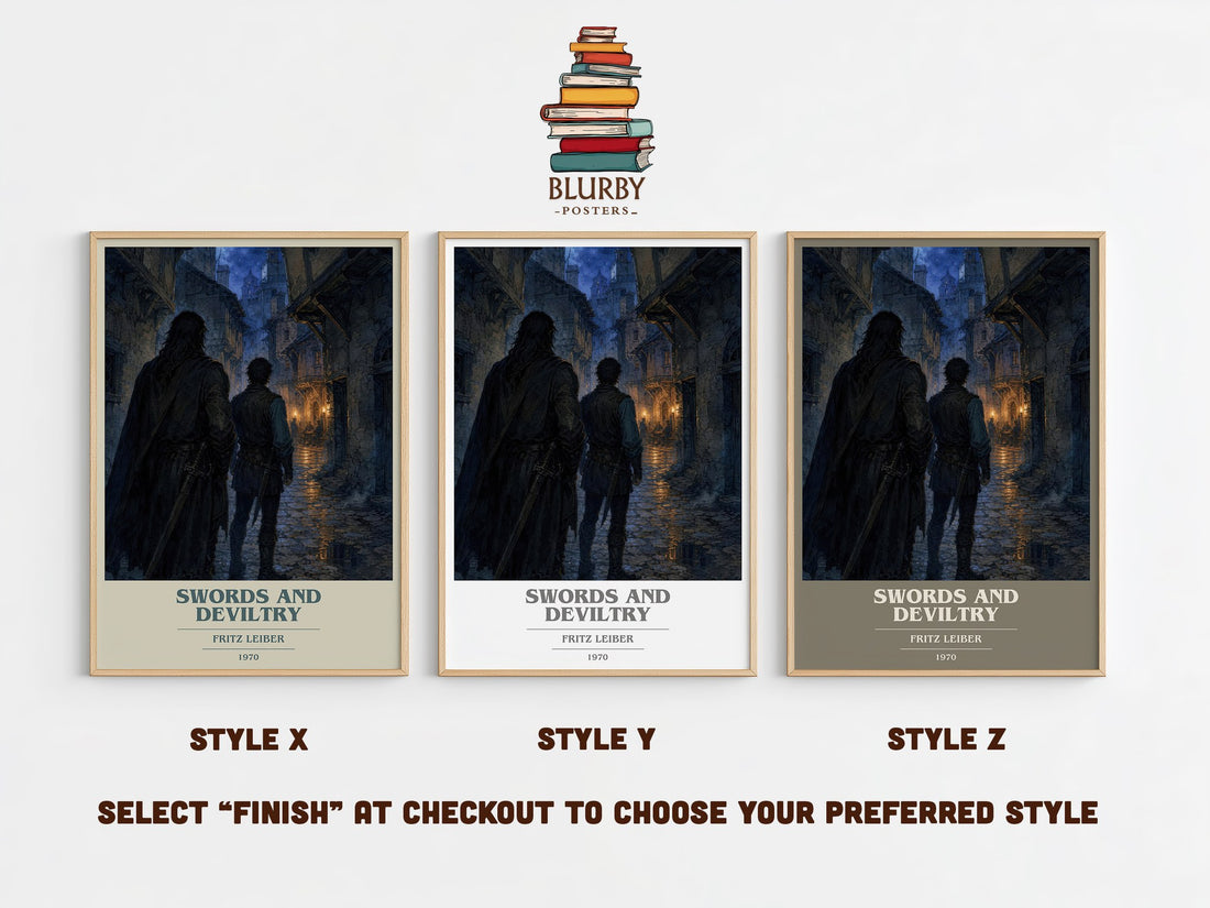 Swords and Deviltry book cover print in frame leaning in hallway – fantasy wall art (mockup)