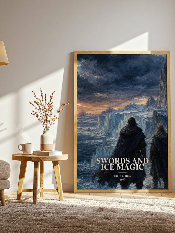 Swords and Ice Magic watercolour print in frame leaning in hallway – fantasy wall art