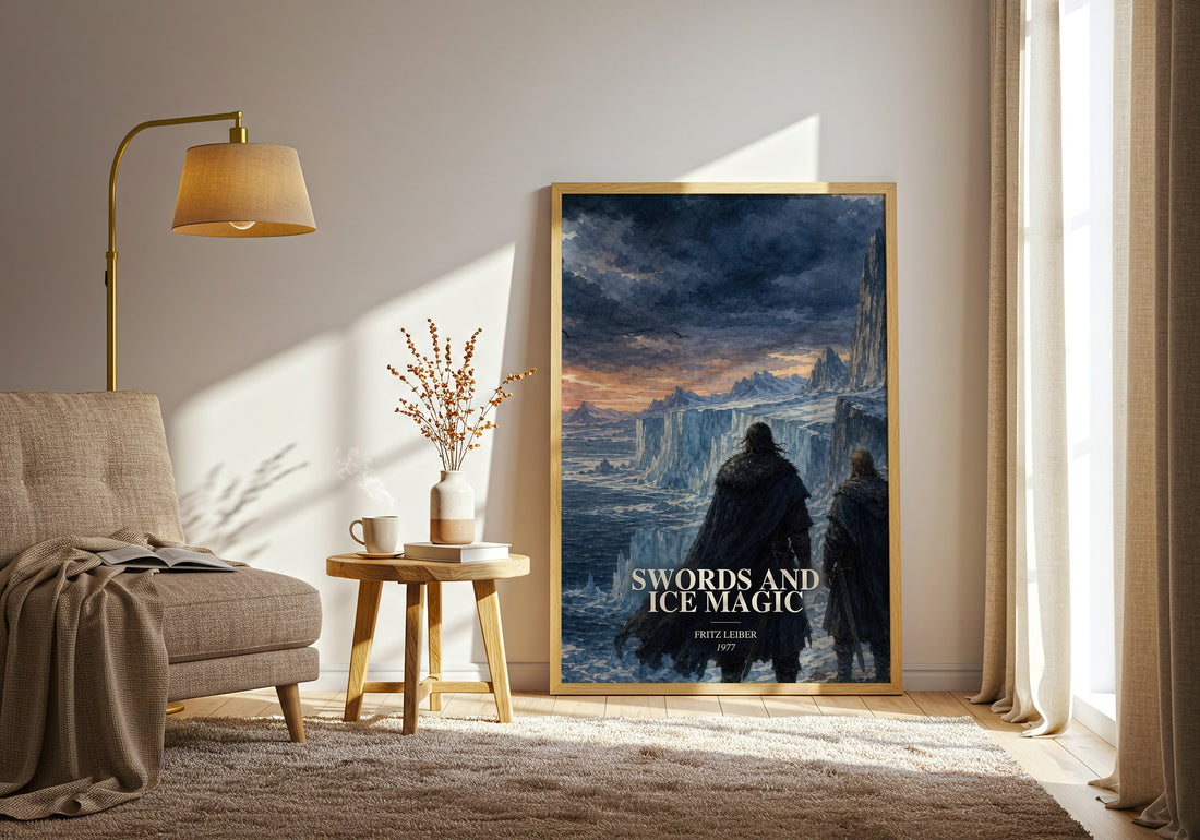 Swords and Ice Magic watercolour print in frame leaning in hallway – fantasy wall art (mockup)