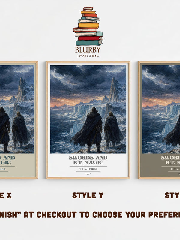 Swords and Ice Magic book cover print in frame leaning in hallway – fantasy wall art