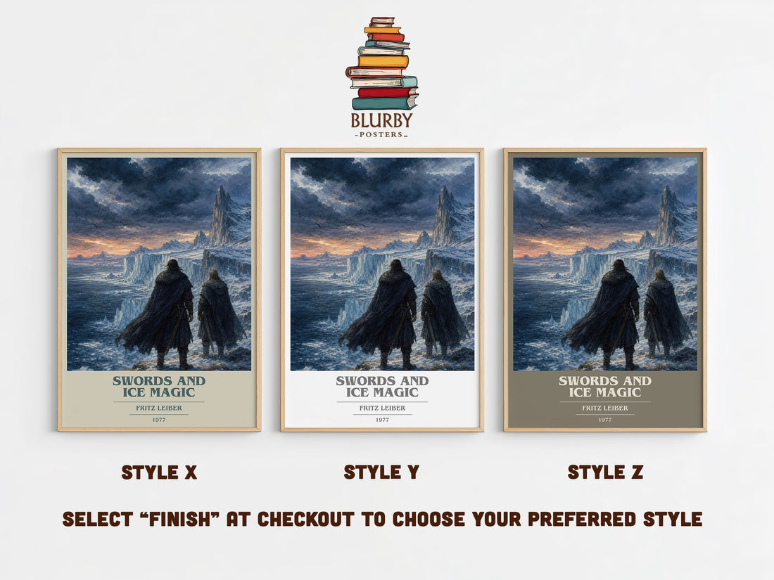 Swords and Ice Magic book cover print in frame leaning in hallway – fantasy wall art (mockup)