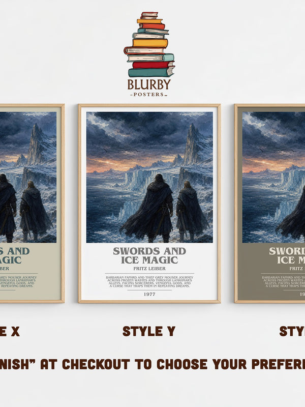 Swords and Ice Magic bookish print in frame leaning in hallway – fantasy wall art