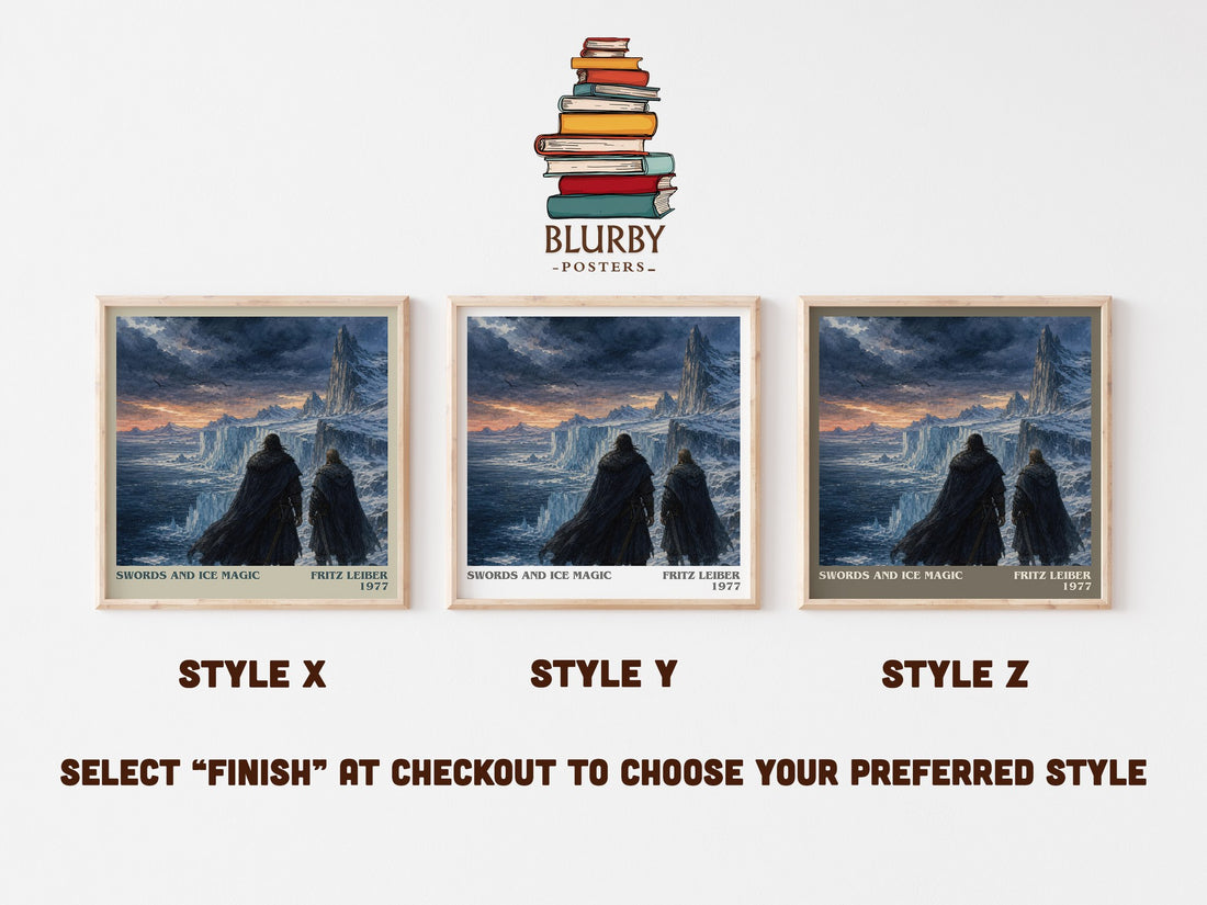 Swords and Ice Magic literary print in frame leaning in hallway – fantasy wall art (mockup)