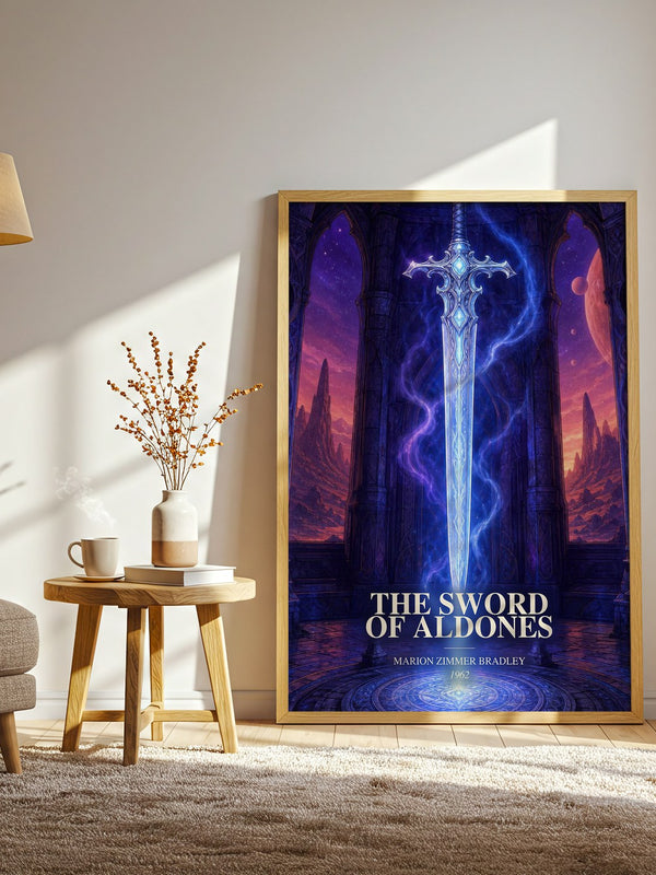 The Sword of Aldones watercolour print in frame leaning in hallway – sci fi wall art