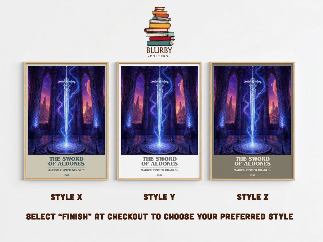 The Sword of Aldones book cover print in frame leaning in hallway – sci fi wall art (mockup)