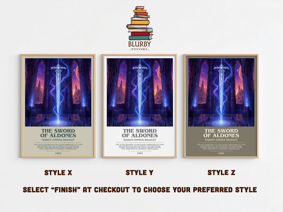 The Sword of Aldones bookish print in frame leaning in hallway – sci fi wall art (mockup)