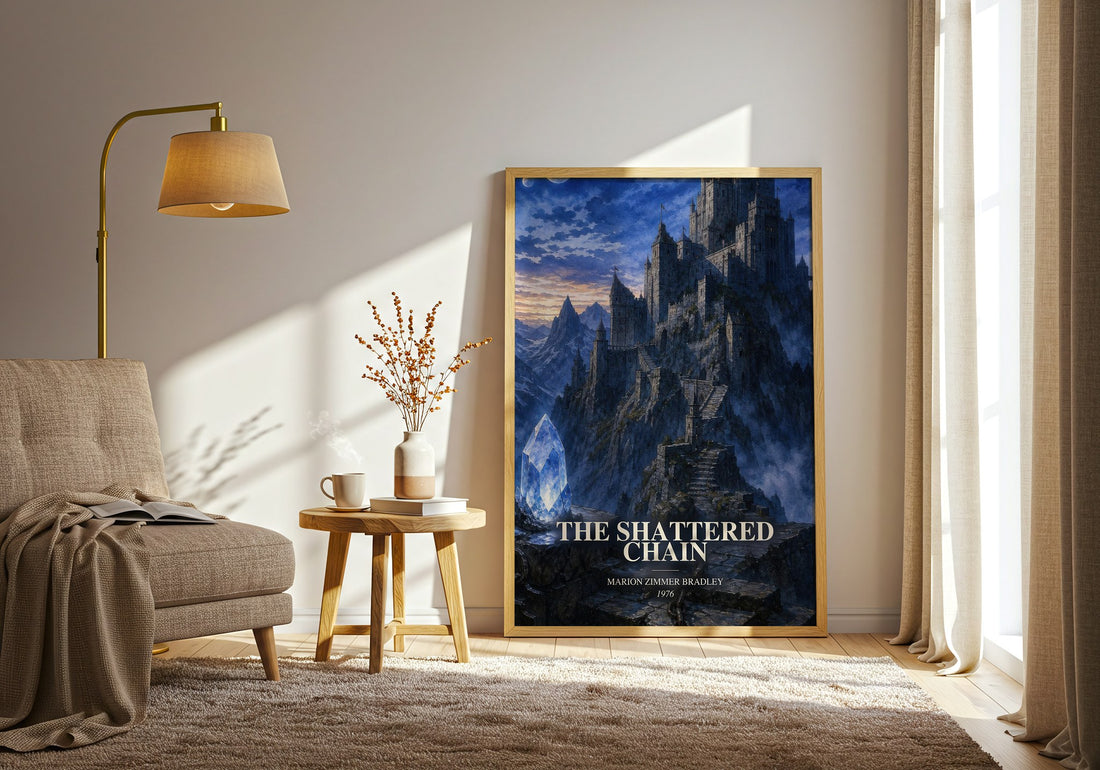 The Shattered Chain watercolour print in frame leaning in hallway – fantasy wall art (mockup)