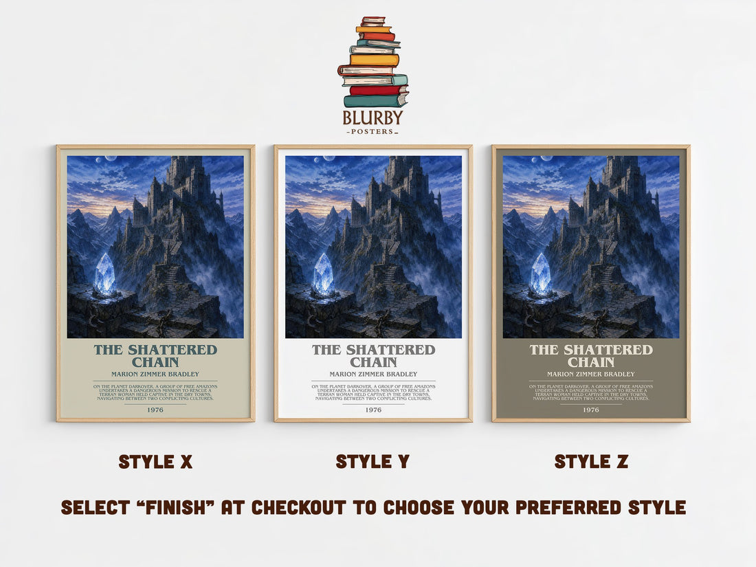 The Shattered Chain bookish print in frame leaning in hallway – fantasy wall art (mockup)