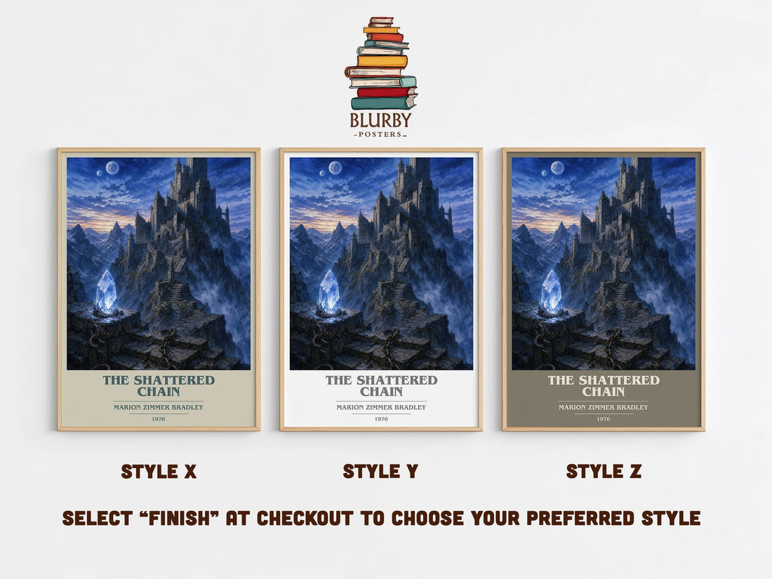 The Shattered Chain book cover print in frame leaning in hallway – fantasy wall art (mockup)
