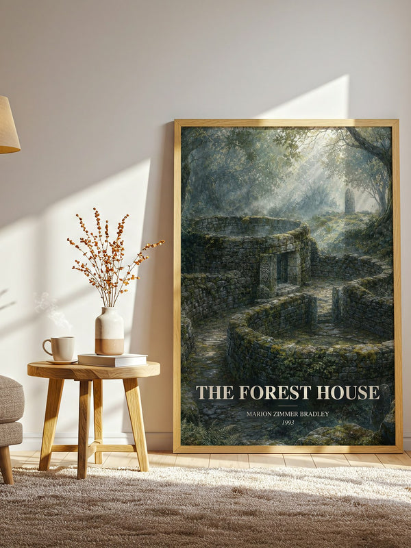 The Forest House watercolour print in frame leaning in hallway – fantasy wall art