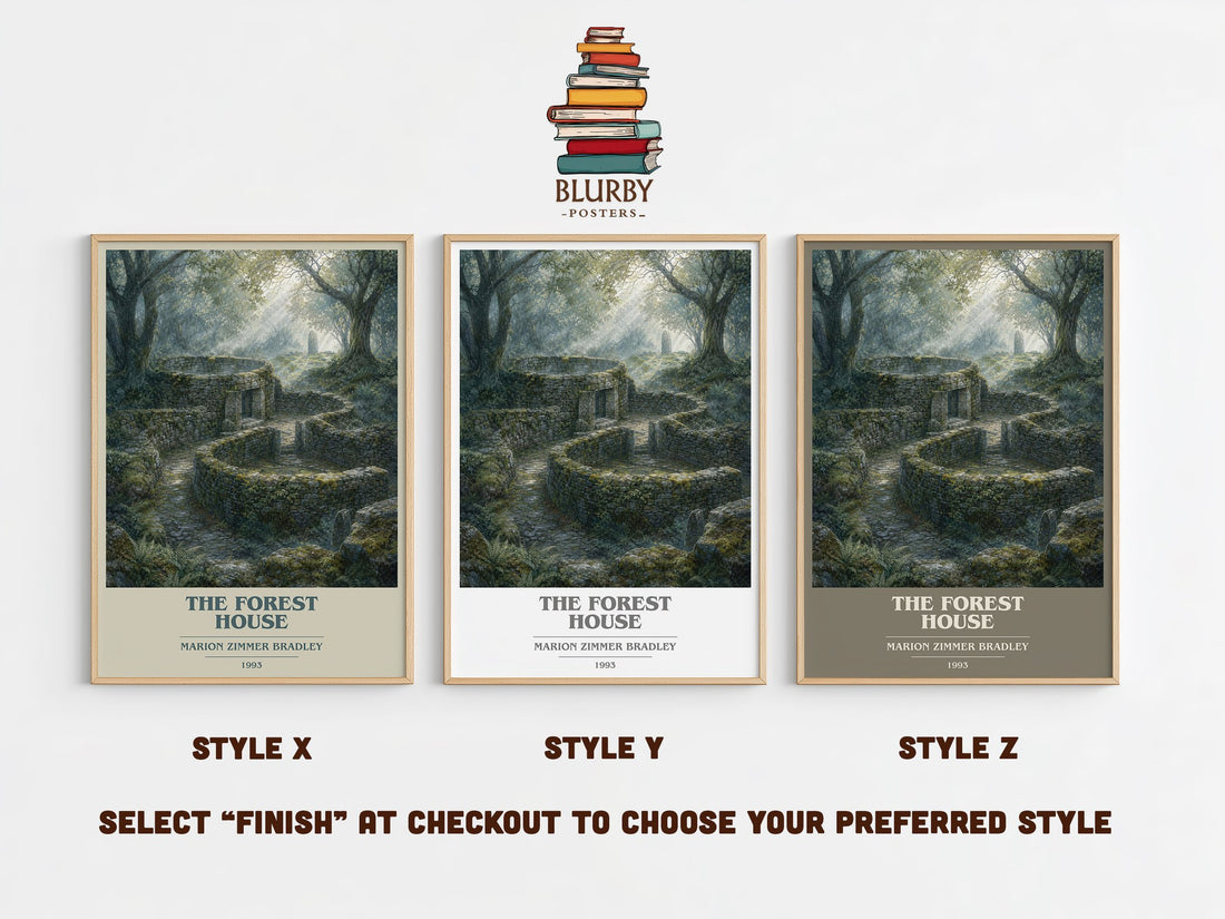 The Forest House book cover print in frame leaning in hallway – fantasy wall art (mockup)