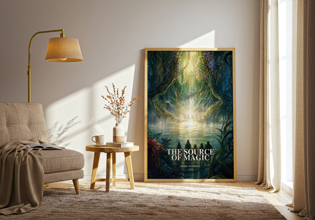 The Source of Magic watercolour print in frame leaning in hallway – fantasy wall art (mockup)