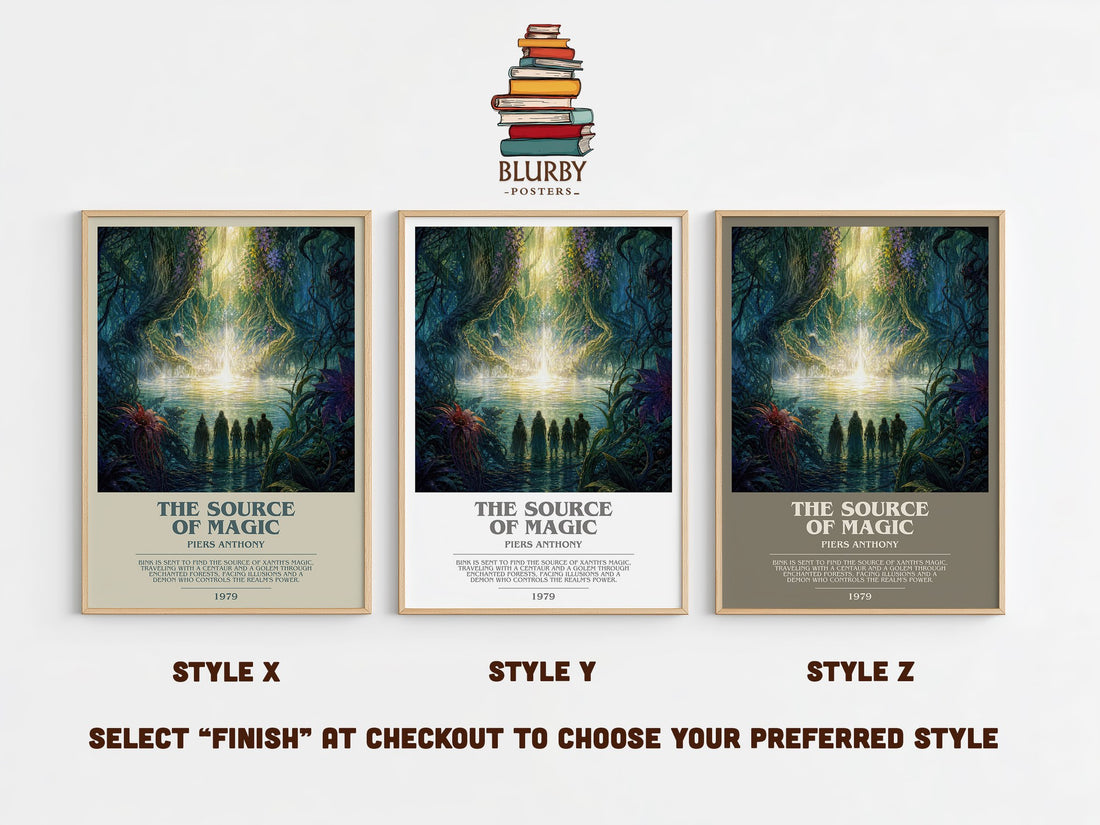 The Source of Magic bookish print in frame leaning in hallway – fantasy wall art (mockup)